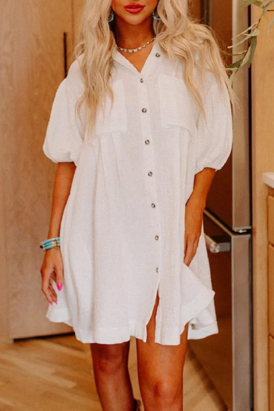 Half Puff Sleeve Buttoned Shirt Mini Dress