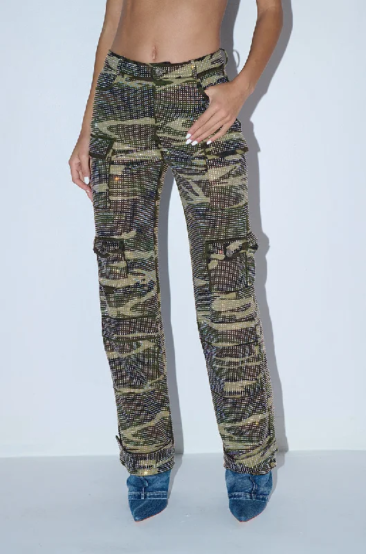 DOWN AND DIRTY CAMO WIDE LEG RHINESTONE CARGO PANT