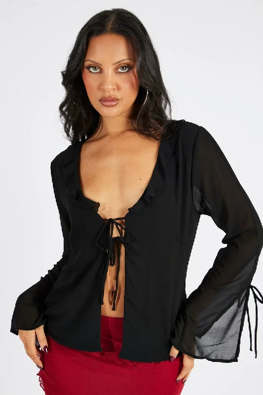 Black Frill Split Top Tie Front Long Sleeve