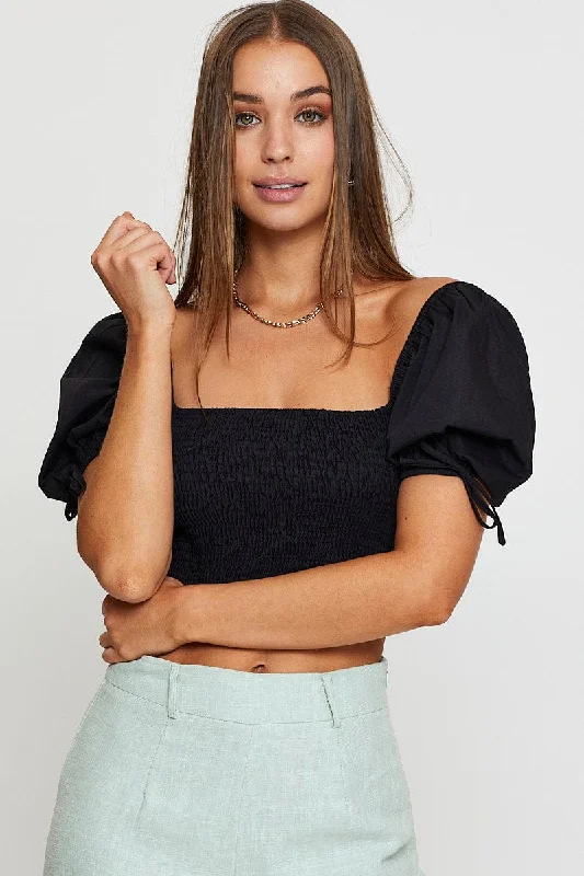 Black Puff Sleeve Top Short Sleeve Crop