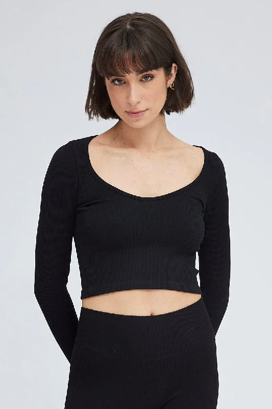 Black Top Long Sleeve Scoop Neck Seamless