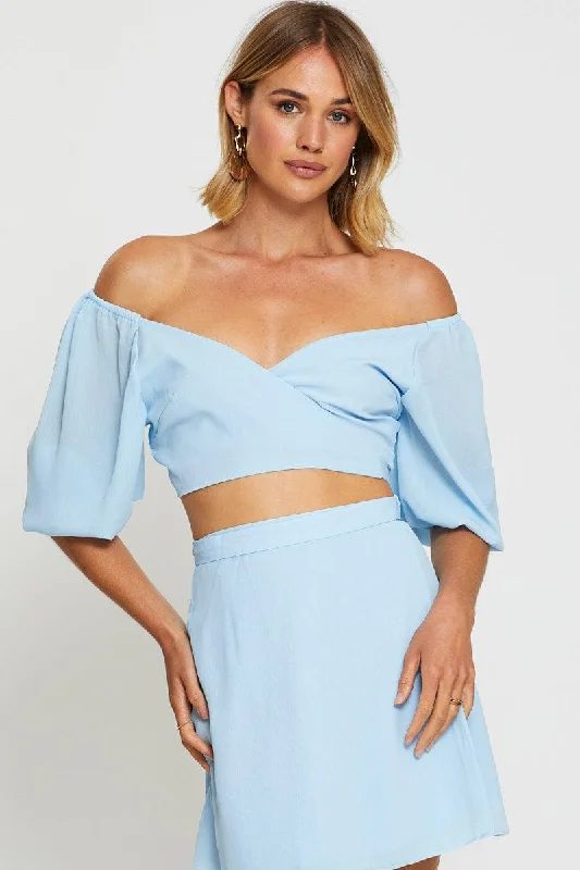 Blue Wrap Top Off Shoulder Crop