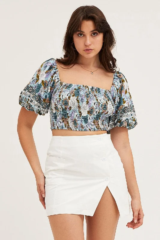 Boho Print Rayon Half Sleeve Shirred Cropped Top