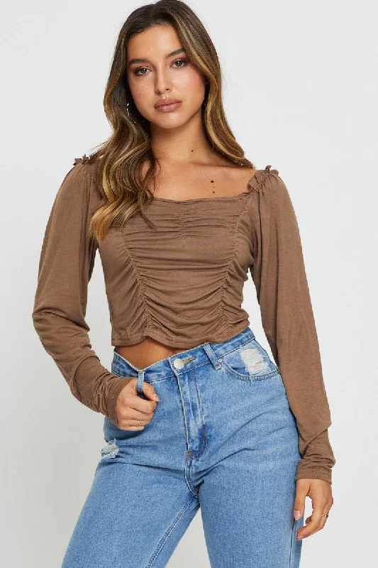 Brown Crop Top Long Sleeve