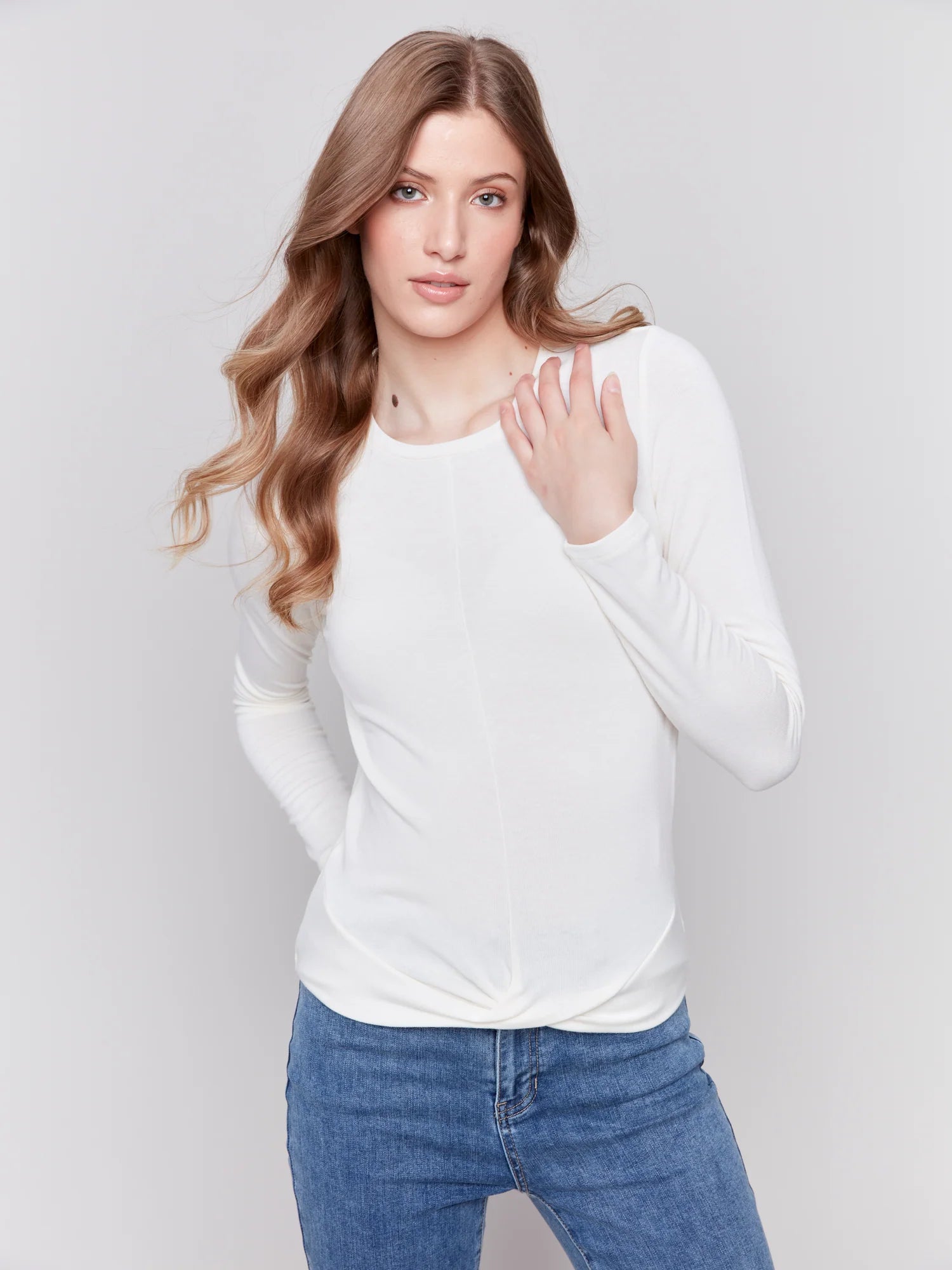 Charlie B Long Sleeve Crew Neck Front Twist Top - C1373PK-172B