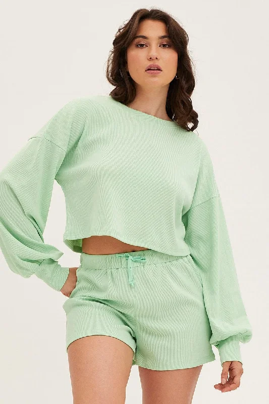 Green Loungewear Shirts Crop Cotton