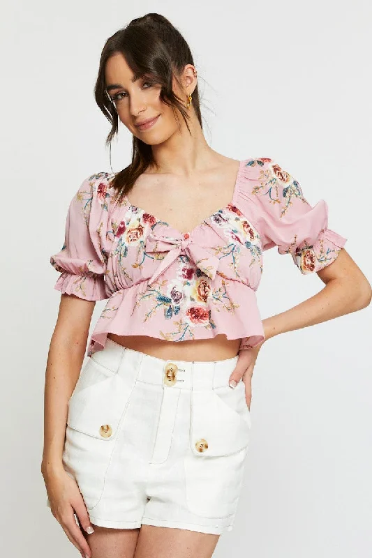 Print Crop Top Short Sleeve Tie Up