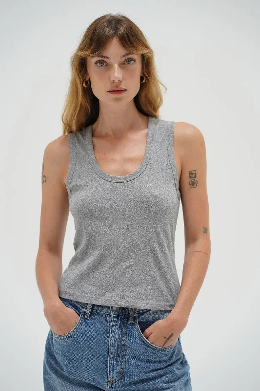 Deep U Cotton Tank - Heather Grey